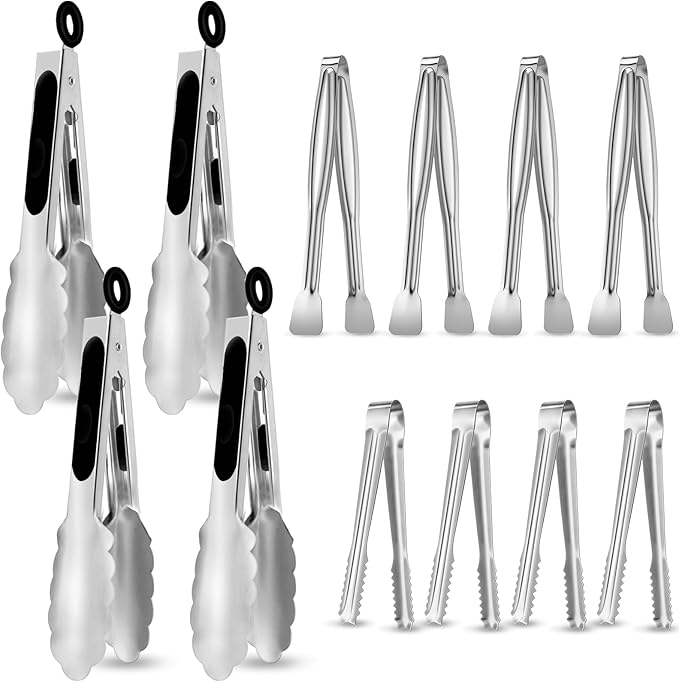 CHENGU 12 Pack Stainless Steel Kitchen Tongs 5/6/7 Inches Food Serving Clip Kitchen Cooking Tongs High Heat Resistant Clips for Cooking Non Stick Grill Salad (Black and Silver, Regular)