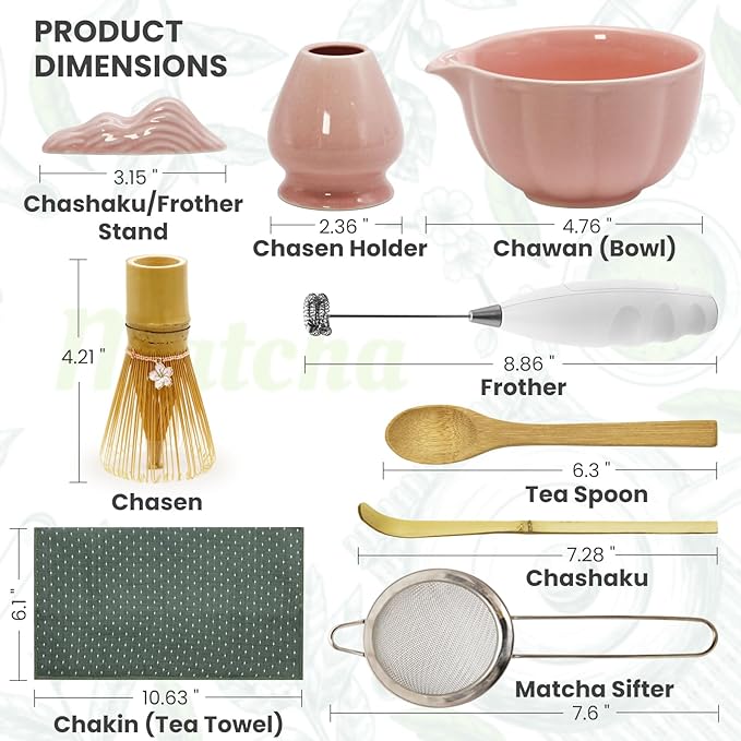 Matcha Whisk Set Incl. Ceramic Bowl With Spout, Whisk (Chasen), Stand, Bamboo Scoop, Sifter, Electric Frother, Tea Towel etc. 9 Pcs Matcha Making Starter Kit, Pink