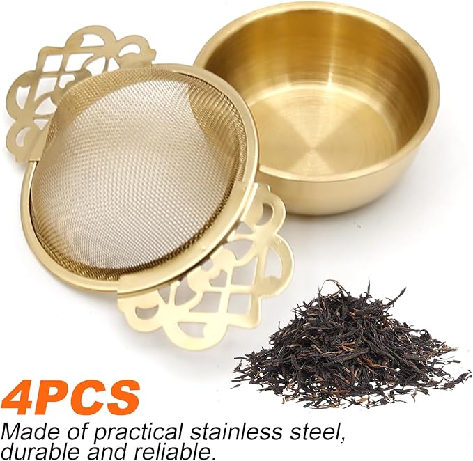 304 Stainless Steel Tea Drain Strainer Tea Filter Mesh Tea Drip Bowls Teapot Strainer With Petal Handles Tea Divider, Pack Of 4