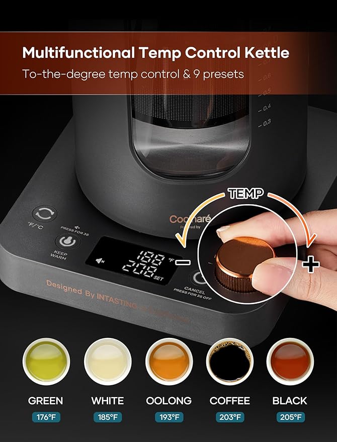Electric Tea Kettle, INTASTING Glass Electric Kettle with tea Infuser and Precise knob temperature control, 1200W Fast Heating, BPA-Free, Easy to Clean, 1 Liter (Dark Gray)