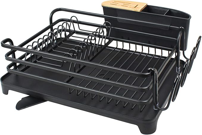 BRIAN & DANY Aluminum Dish Drying Rack, Dish Racks for Kitchen Counter, Dish Drainer with Removable Cutlery Holder & Cup Holder, 16.5" L x 11.8" W, Black