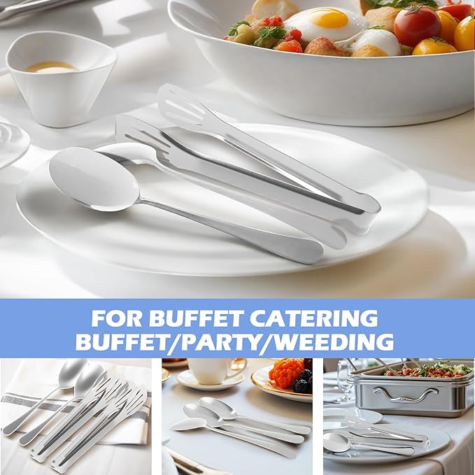 12PCS Stainless Steel Serving Utensils Sets,8 Large Serving Spoons,4 Serving Tongs,Silver Serving Utensills Sets for Buffet Catering Banquet Party (Silver)