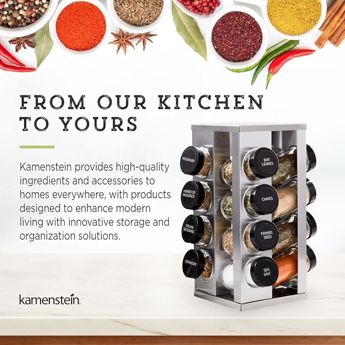 Kamenstein 15 Jar Lincoln Countertop Spice Rack with Spices Included, FREE Spice Refills for 5 Years, Chrome with Black Caps , 9.5 x 5.8 x 9