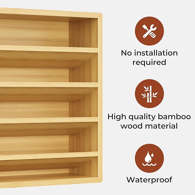 Orimade 4 Tier Spice Rack Organizer for Cabinet with 28 Plastic Spice Jars, Freestanding Bamboo Seasoning Rack for Countertop, Cupboard, Pantry, Kitchen, 13.18 x 4.13 x 12.2 inches