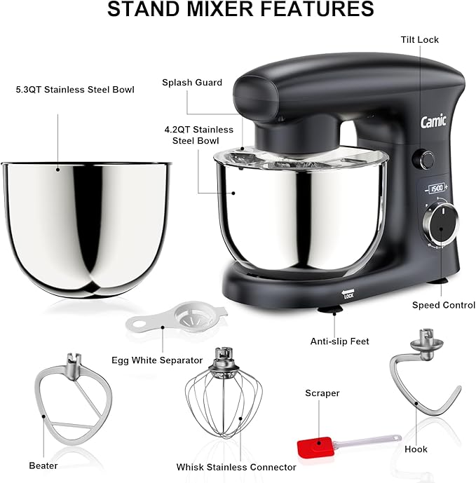 Camic Stand Mixer, 4.2QT+5.3QT Two bowls Electric Food Mixer, 10 Speeds with Digital setting 3-IN-1 Kitchen Mixer for Baking Cakes Cookie Bread Salad with Egg Whisk,Dough Hook,Flat Beater (Grey)