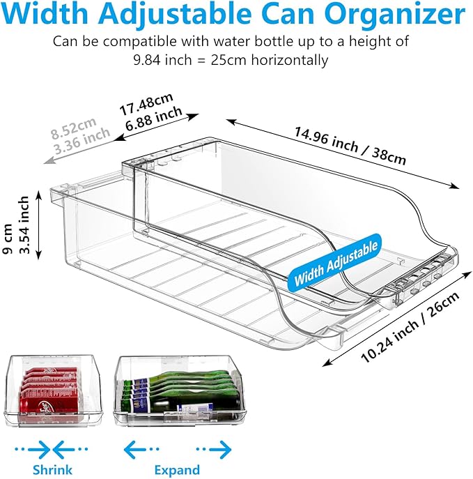 4 Packs Refrigerator Organizers and Storage Width Adjustable Can Organizer for Refrigerator Expandable Soda Can Dispenser for Beer Soda Pop Can Soda Organizer for Fridge Kitchen Pantry Clear