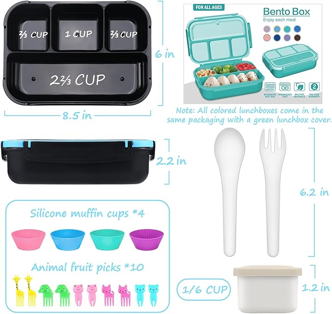 QQKO Bento Box for Kids Adults, School Toddler Lunch Box for Boys Girls, Lunch Box Containers with 4 Compartments, Sauce Container, Utensils, Food Picks and Muffin Cups for School, Black Blue