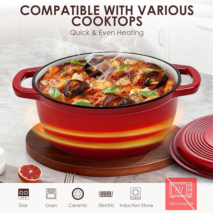Enameled Cast Iron Dutch Oven Pot With Lid - AIVIKI 5QT Dutch Oven for Bread Baking With Cotton Potholders - Heavy-Duty Cookware for Braising, Stew, Roasting, Oven Safe up to 500°F, Red