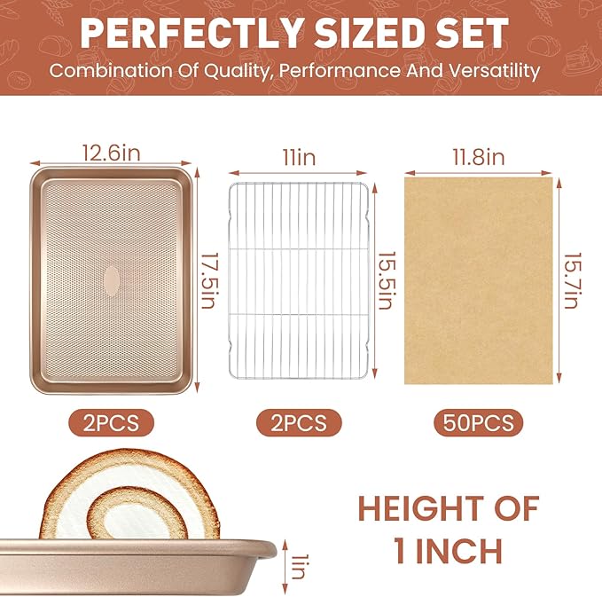 Baking Sheet with Wire Rack Set, 2 Sheet Pans(17.5'' X 11.8'') with 2 Cooling Racks, Includes 50 Sheets of Parchment Paper, Thickened Nonstick Cookie Sheet for Baking, Carbon Steel Baking Pan