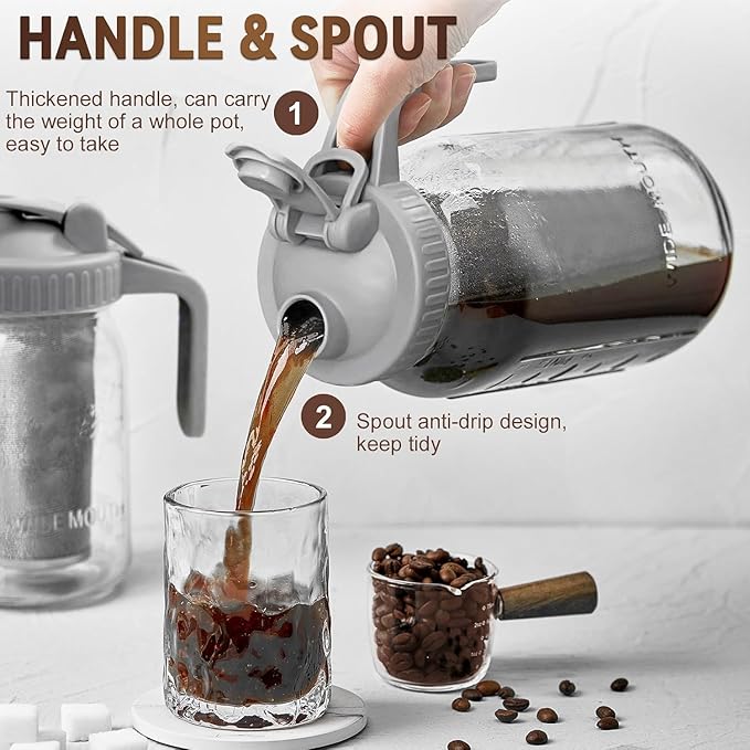 OneDream Cold Brew Coffee Maker, 2 Pack 64oz Stainless Steel Filter Cold Brew Pitcher Jar, No Leaks Cold Brew Mason Jar Coffee Maker, Easy to Clean Cold Coffee Maker