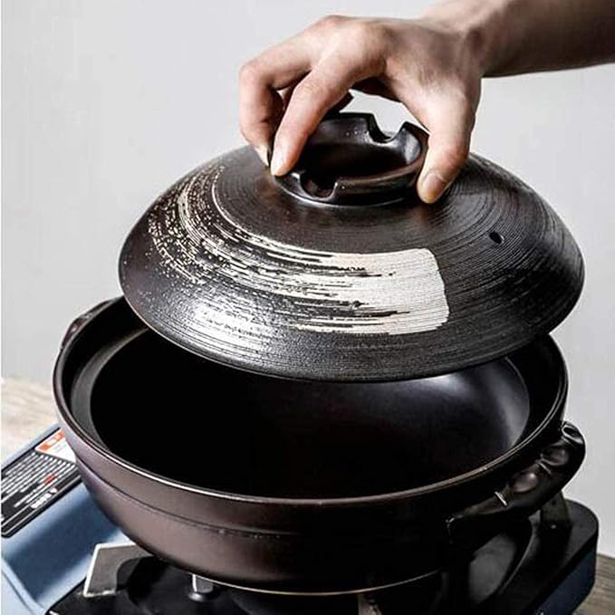 Round Casserole Dish Heat-Resistant Ceramic Casserole With Lid Soup Pot With Soup Pot Oil-Free Saucepan Japanese Donabe Hot Pot With Brushstroke Saucepan With Slow Stew W,B-0.9L