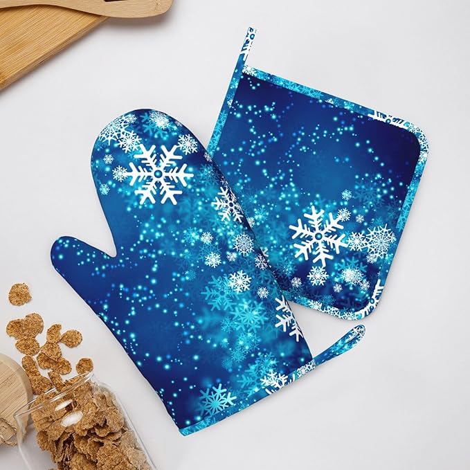 Oven Mitts and Pot Holders Blue Snowflake Winter Christmas Silicone Kitchen Accessories Set of 4 Heat Resistant Long Gloves Potholder Non-Slip Grip for Chef Cooking Baking Grilling BBQ