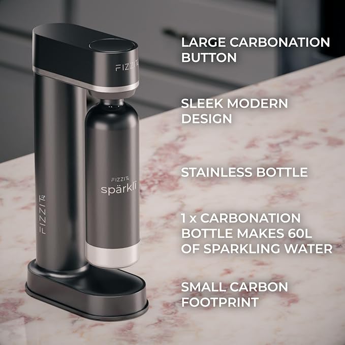 Fizzit Spärklï Stainless Steel Sparkling Water Maker with 2 CO2 Cylinders & 1L Reusable Bottle – Soda Streaming Machine Carbonated Water Maker for Home – No Electricity Needed, Dishwasher Safe