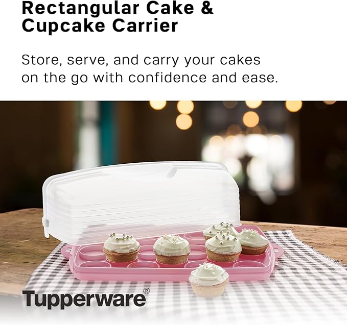 Tupperware, Rectangular Cake and Cupcake Carrier in Pink, Holds 18 Cupcakes