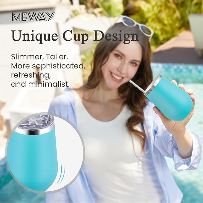 MEWAY Stemless 12oz Insulated Wine Tumbler with Lid and Straw - Double Wall Stainless Steel Thermal Cup for Hot and Cold Drinks, Ideal for Bridal and Baby Shower Game Prizes(Light Green,Set of 4)