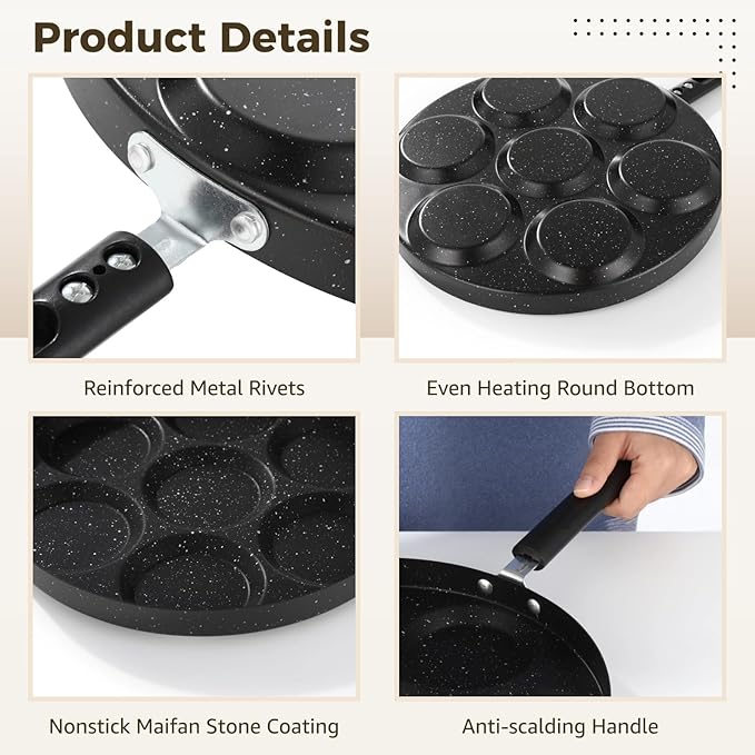 Egg Frying Pan with Anti-scalding Handle, Black Metal Nonstick Maifan Stone Coating Breakfast Frying Pan, Versatile Cooking Tool for Induction Cooker, Gas Stoves (7-Slot Egg Frying Pan)
