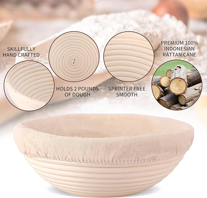 Banneton Proofing Basket Set - 9-inch Round Bread Baking Supplies, Sourdough Tools & Bread Making Accessories for Artisan Baking