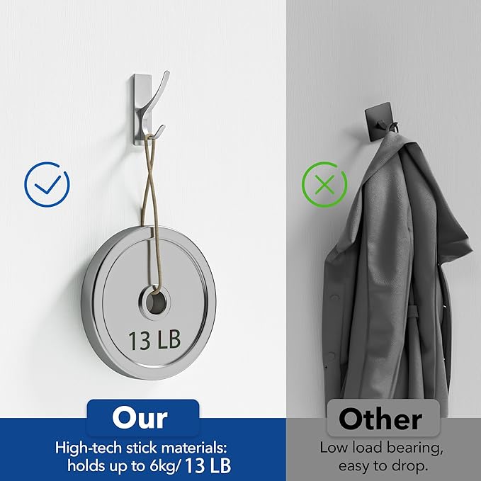 pickpiff Silver Self Adhesive Coat Hooks for Hanging: 13LB Extra Strong Stainless Wall Hook for Towel, Utensil, Backpack, Hat, Sturdy Metal Hanger for Bathroom, Kitchen, Door, 4-Pack