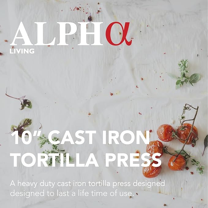 ALPHA LIVING Tortilla Press – 10 Inch Cast Iron Quesadilla Maker – Heavy Duty Empanada Maker Press – Cast Iron Tortilla Maker for Kitchen, Home Use
