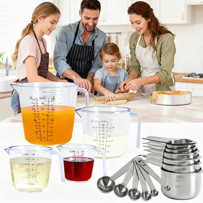 7x Stainless Steel Measuring Cups with 6x Measure Spoons Set,4x Py&Rex Plastic liquid Measurings Cups for Liquids,Kitchen Gadgets for Cooking & Baking Utensils Christmas Gift (17Pcs)