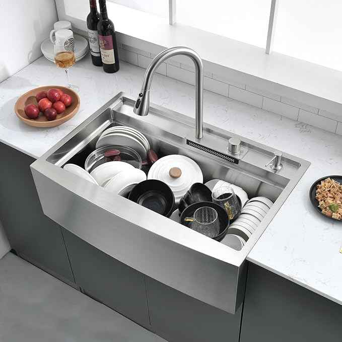 33 Inch Farmhouse Sink Splash Guard Waterfall Workstation - VOKIM 33x22 Inch Apron Front sink Single Bowl Stainless Steel 16 Gauge Farm Sink With Multifunctional Top Loading Flying Rain