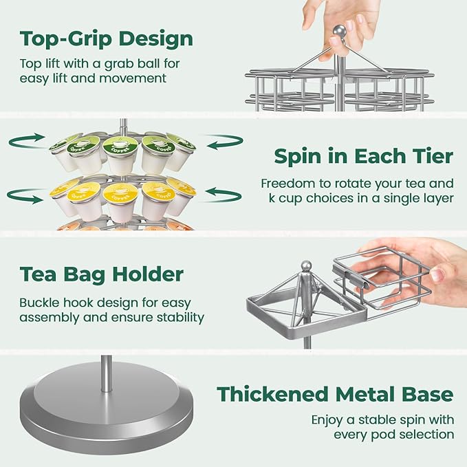 EsLuker.ly K Cup Holder Coffee Pod Organizer Carousel for Countertop, Rotatable Metal 4-Tier Storage Rack Stand for 30 K Cups & Tea Bags, Convenience Meets Elegance, Silver