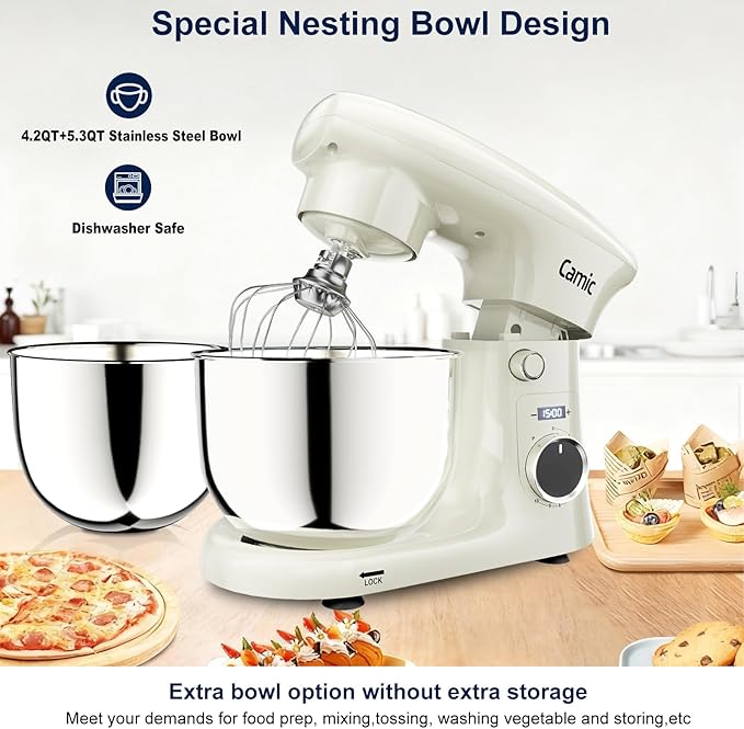 Camic Stand Mixer, 4.2QT+5.3QT Two bowls Electric Food Mixer, 10 Speeds with Digital setting 3-IN-1 Kitchen Mixer for Baking Cakes Cookie Bread Salad with Egg Whisk,Dough Hook,Flat Beater (White)