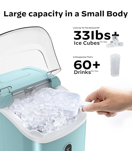 Nugget Ice Maker Countertop, Pellet Ice Machine with Self-Cleaning Function, Produces 33 lbs of Chewable Ice in 24 Hours, Sonic Ice Maker Perfect for Home Kitchens and Offices, Green
