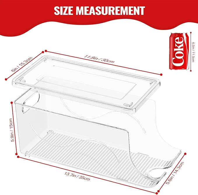SCAVATA Stackable Refrigerator Organizer, Soda Can Dispenser Pop Cans Container Beverage Holder with Lid for Fridge, Freezer, Kitchen, Clear Plastic Storage Bins-Holds 10 Cans Each (One)