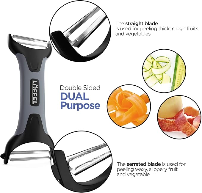 Peeler for Potato Vegetable Orange - Heavy Duty Double Sided Dual Purpose Non Slip Grip Apple Fruit Y Shaped with Ultra Sharp Stainless Steel Straight and Serrated Blades, Dishwasher Safe