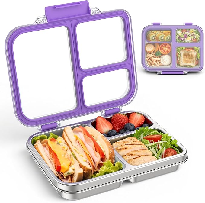 BABHAMNESS Stainless Steel Bento Lunch Box for Kids Adults, 3 Compartments Metal Bento Box with Transparent Lid & Silicone Container for Kids,Dishwasher-Safe,School & Travel,BPA-Free(Purple)