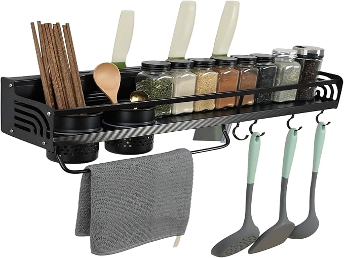 Kitchen Utensils Hanging Rack，19”d Hanging Storage Rack with Hooks, Cutlery Knife Holder for Seasoning,Cookware,Cutlery,Towel