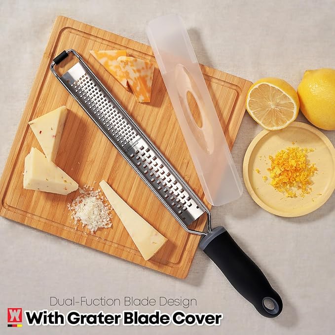 2-in-1 Stainless SteelLong Cheese Grater Dual-Sided Fine & Coarse Blades Precision Zester for Lemon, Ginger, Cheese, Vegetables, Rust-Resistant, Ergonomic Handle (15.35" x 1.77")