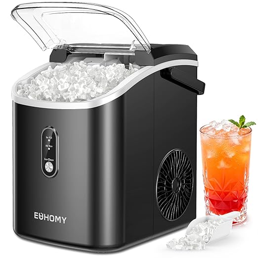 EUHOMY Nugget Ice Maker Countertop with Handle, Ready in 6 Mins, 38lbs/Day, Removable Top Cover, Self-Cleaning, Portable Chewable Ice Maker with Basket, Scoop, for Home/RV/Party/Camping (Black)