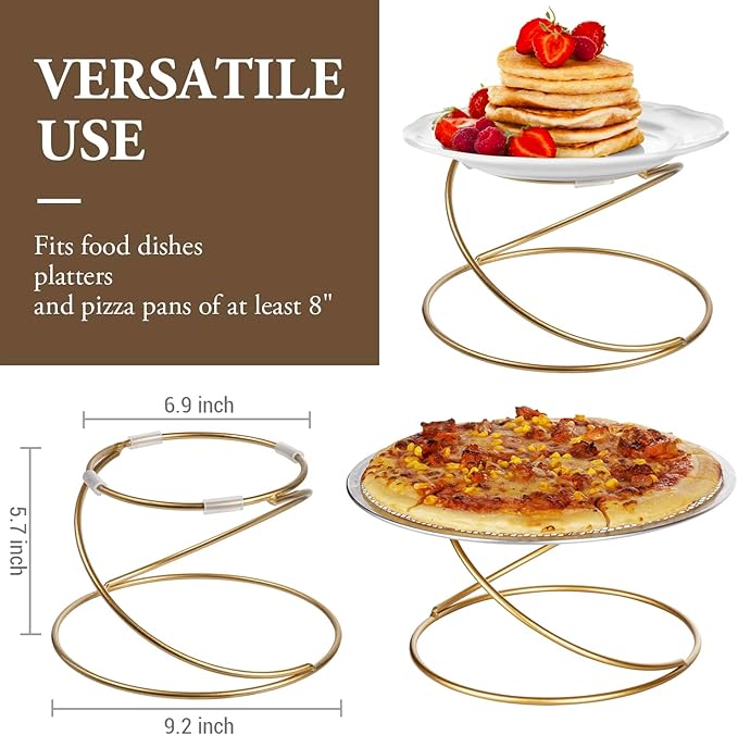 MyGift Modern Gold Tone Metal Wire Spiral Pizza Pan Pedestals, Tabletop Serving Platter Riser Stands, Food Dish Rests or Dessert Tray Display Racks, Set of 4