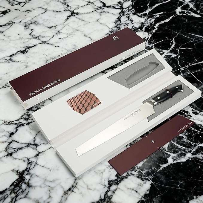 WICKWILLOW 10" Bread Knife – Razor Sharp German Steel – Serrated Knife for Homemade Bread & Sourdough – Full Tang & Ergonomic Handle – Gift Box – Velina Series