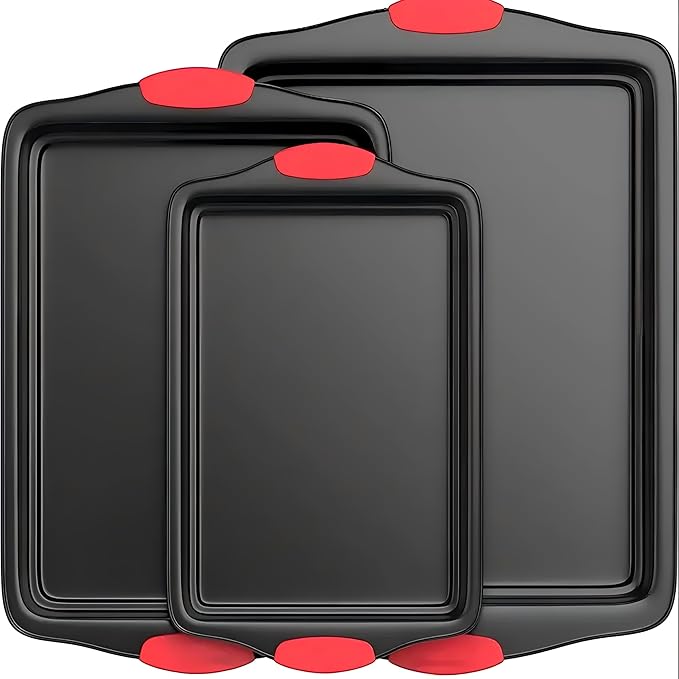 3PCS Carbon Steel Non-Stick Baking Pan | Commercial Restaurant Grade, Double-Sided Non-Stick Coating, Luxurious & Stylish Design with Red Silicone Handle - Oven Safe Kitchen Bakeware