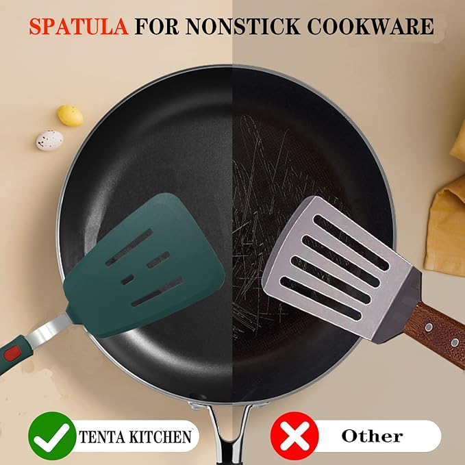 Silicone Spatula Set of 2 for Nonstick Cookware,Tenta Tenta Kitchen Slotted Angle Round Pancake Spatulas 600°F Heat Resistant Classic Rubber Spatula Set For Cooking-Dark Blue