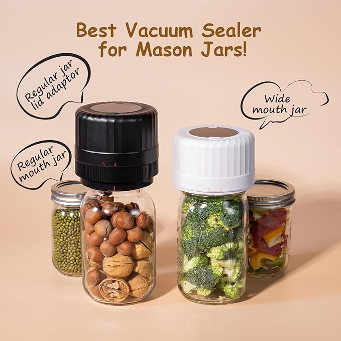 HTPOW Electric Mason Jar Vacuum Sealer - Fully Automatic Mason Jar Vacuum Sealer Kit for All Mason Jars with Regular Lids and Wide Mouth Lids, A Must-Have Tool for Canned Foods/Pantry - Black