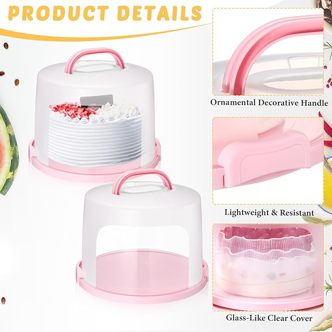 Baderke 10 Inch Round Cake Carrier with Lid and Handle - Two Sided Cake Holder & Box for Transport, Pie, Cupcake(Pink)