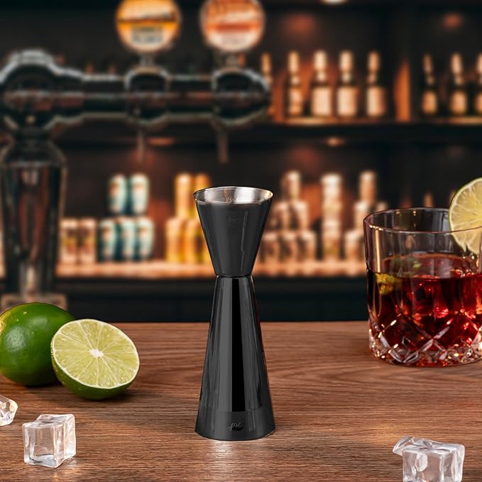 Briout Jigger for Bartending, Double Cocktail Jigger Japanese Premium 304 Food Grade Stainless Steel Jigger 2 OZ 1 OZ with Measurements Inside, Flat Edge Black