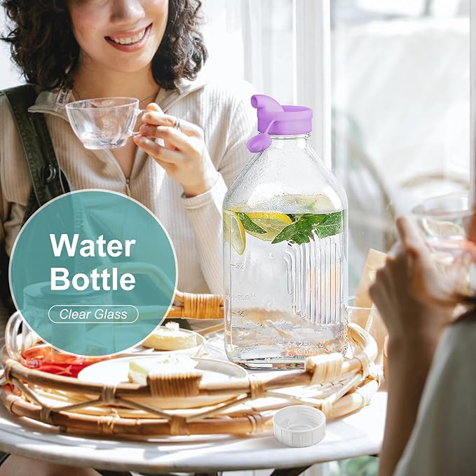 2 Pack 64 Oz Heavy Duty Glass Milk Bottle with 1 Silicone Spout and 3 Reusable Airtight SCREW LID, 2 Qt Glass Water Bottle with 2 Exact Scale Lines - Milk Jug Pitcher - 1/2 Gal Juice Bottles