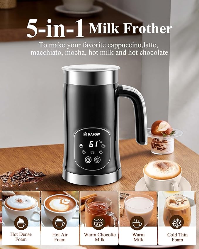 5-in-1 Milk Frother and Steamer - Upgraded Automatic Milk Steamer 11.8oz Hot & Cold Foam Maker and Milk Warmer with LED Display Touch Screen & Two Whisks for Latte,Cappuccinos,Silent Working-110V