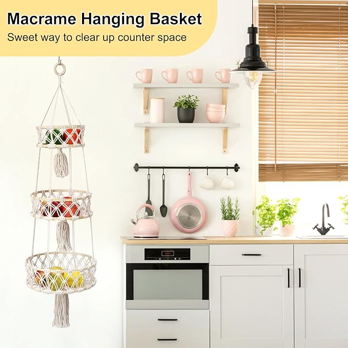 3 Tier Hanging Basket, Macrame Hanging Basket for Fruit and Vegetable Storage, Cotton Rope Woven Baskets for Kitchen, Decorative Boho Decor Hanging Plant Holder
