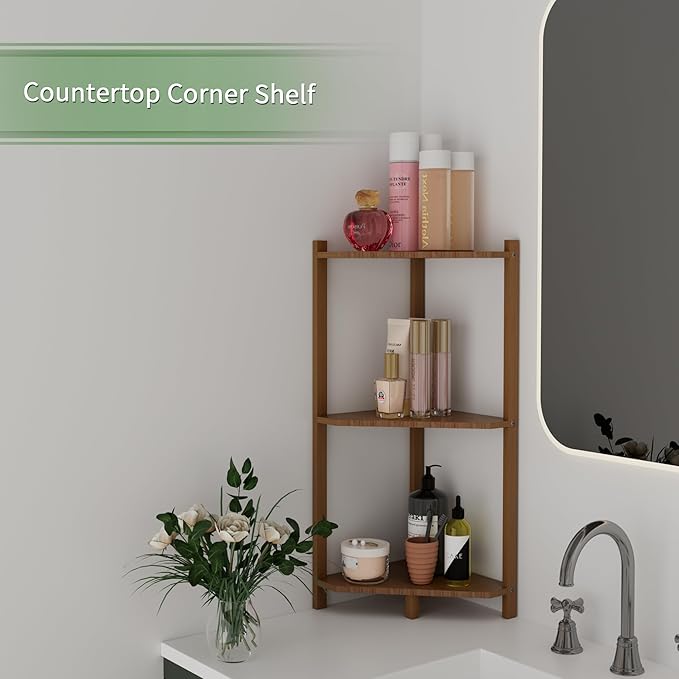 Wisuce Corner Shelf, 100% Real Bamboo Shower Corner Shelves Free Standing Shelf Storage Organizer for Bathroom Living Room Kitchen (Brown, 3 Tier)