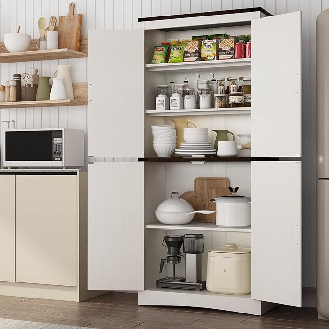 71in Farmhouse Kitchen Pantry Cabinet,Tall Storage Cabinet with 4 Doors and Adjustable shelves,with Load-Bearing Steel Pipe,Wood Storage Cabinets for Kitchen,Dining Room,Bathroom(White)