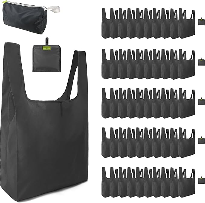 BeeGreen Black Reusable Grocery Bags Wholesale Dark Reusable Kitchen Bags Bulk Foldable-Machine Washable with Zipper Storage Pouch 50 Packs