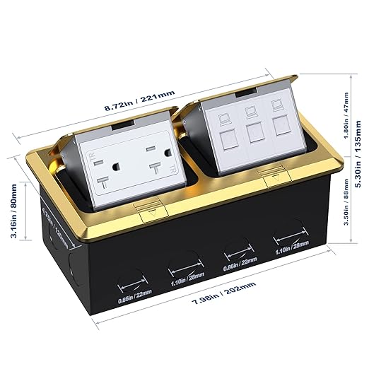 KYHSHJ Dual Pop-Up Floor Electrical Outlet Box Kit，20 Amp Stainless Steel TR Tamper-Resistant Duplex Receptacle Outlet，3-Port RJ45 Datacom Receptacle，ETL Listed, Brass