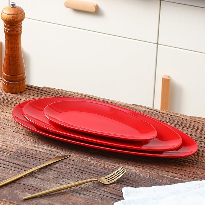 vicrays Large Oval Serving Platters, 16"/14"/10" Porcelain Serving Platters for Party, BBQ,Stackable Serving Trays Serving Plates for Appetizers, Sushi, Restaurant, Dessert, Set of 3 (Red)