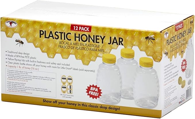 Little Giant® Plastic Honey Jar | Skep-Style Jar | Honey Squeeze Bottle with Flip-top Lid | Plastic Honey Bottle | 12 Pack | 16 Ounce